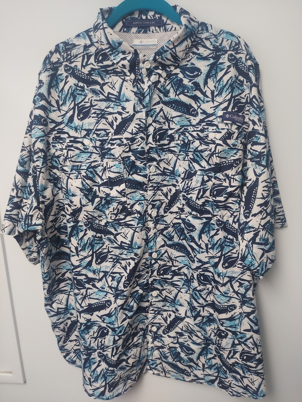 Columbia PFG Mens XL Short-Sleeve Fish Print Button-Up Shirt - Blue & White